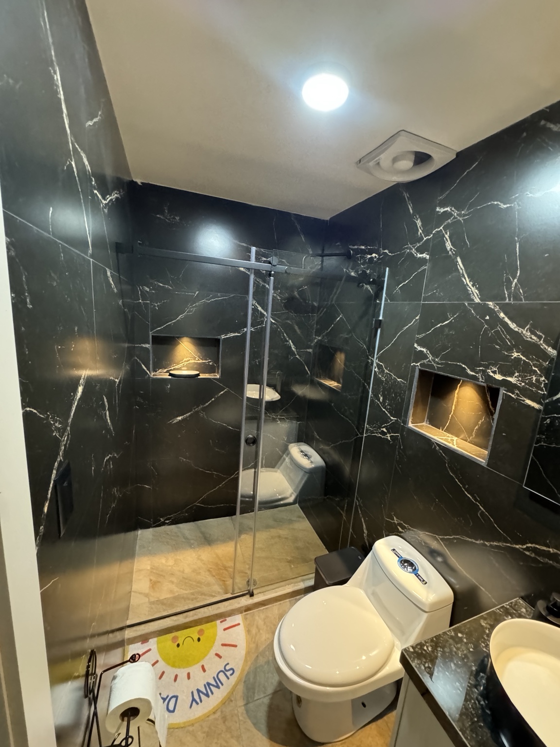 Ducha con cerramiento de vidrio e inodoro