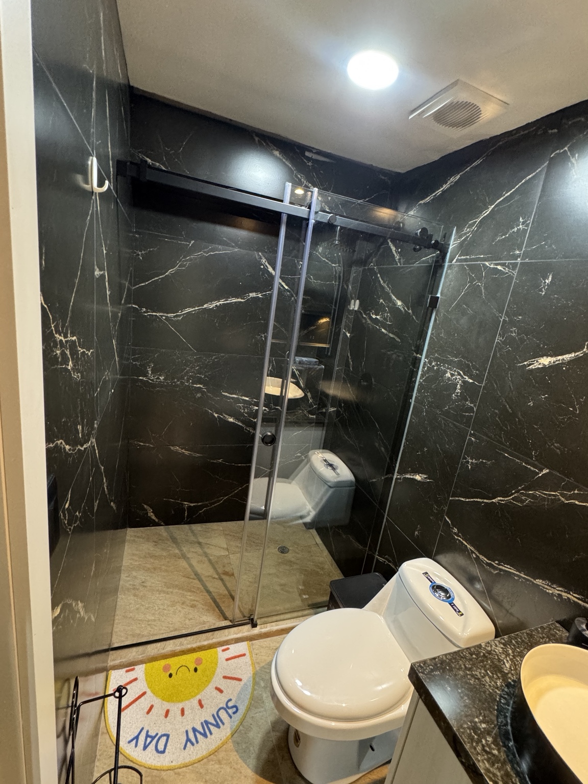 Ducha con cerramiento de vidrio e inodoro